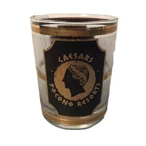 Caesars Pocono Resorts 24k Black Gold Rocks Whiskey Liquor Glass Cup Vtg READ